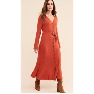 Anthropologie Elsa Ribbed Knit Maxi Midi Dress Belted Long Sleeve Orange Size M